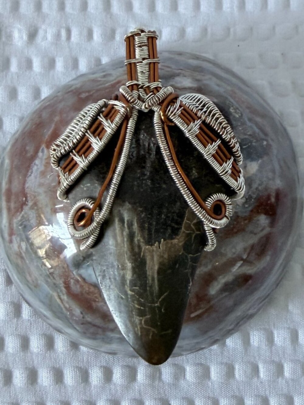 Handmade Copper and Silver Wire-Wrapped Megaladon Tooth Pendant